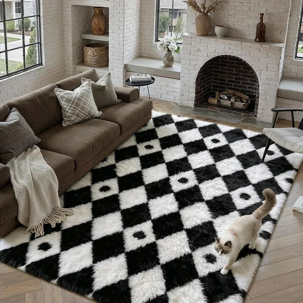 Checkered Rug 6X9 Living Room Black White Modern Shag Rug Washable Large